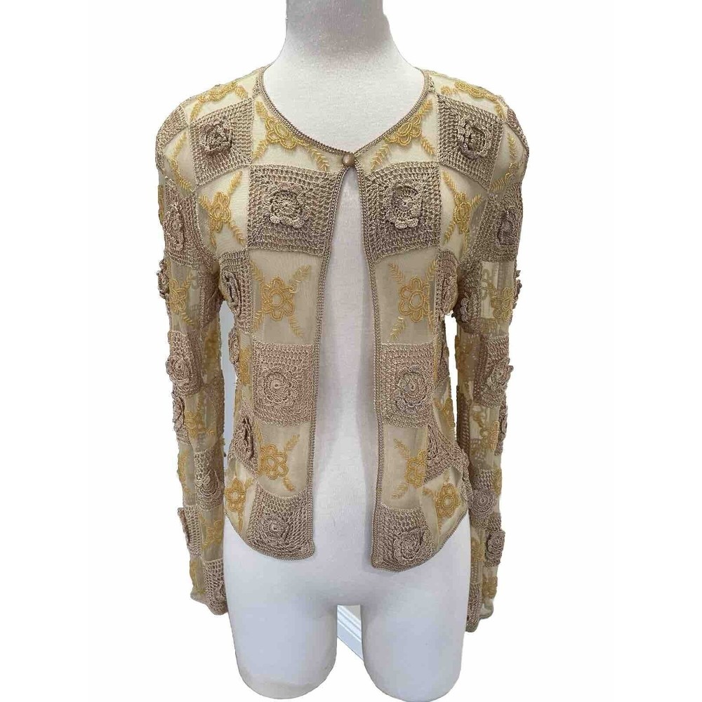 sharmark knot knots S beaded Gold embroidered sheer cardigan top button topper